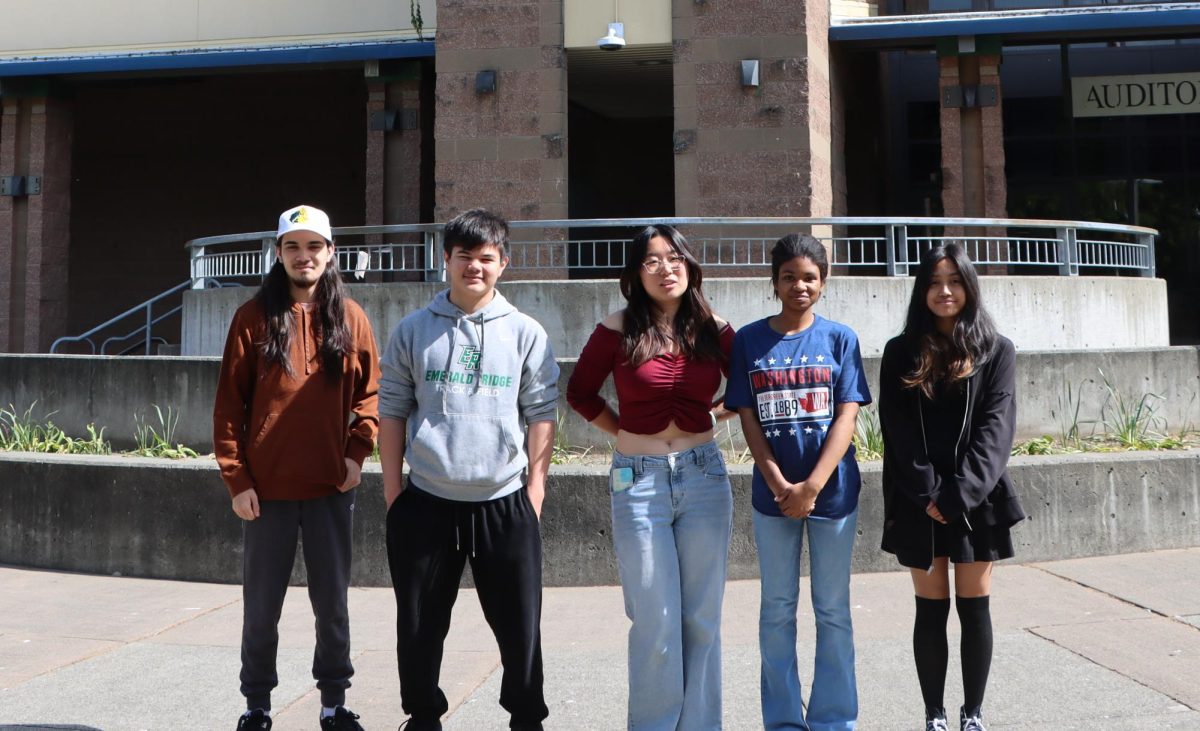 ERHS video production students Gabe Forman, Jayden Hull, Julie Sun, Miki Grant and Espi Carlos.